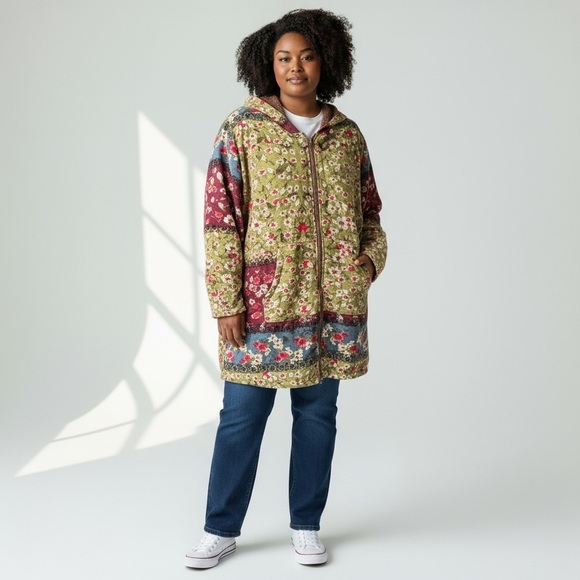 Cellabie Jackets & Blazers - Cellabie Cotton Fleece Lined Floral Patchwork Hooded Coat